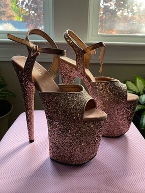 Pleaser Flamingo-810LG Rose Gold Glitter 8" Platform Sandals